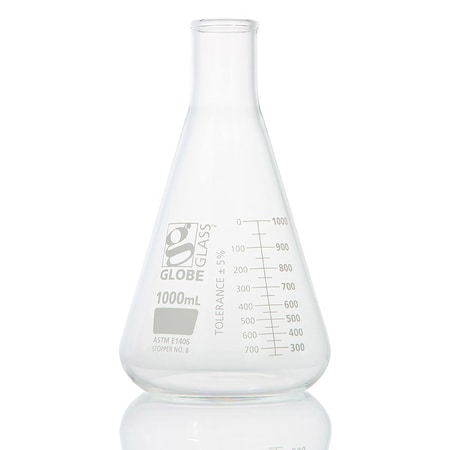 Globe Scientific 1000mL Erlenmeyer Flask, Globe Glass, Heavy Duty, Narrow Mouth, Dual Graduations 8431000